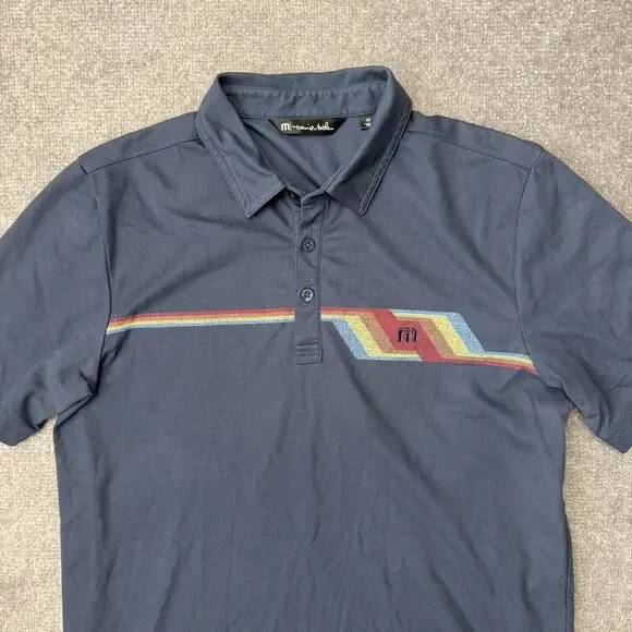 Travis Mathew Polo Shirt Mens Medium Blue Retro Stripe Golf Athletic Casual - Picture 2 of 7